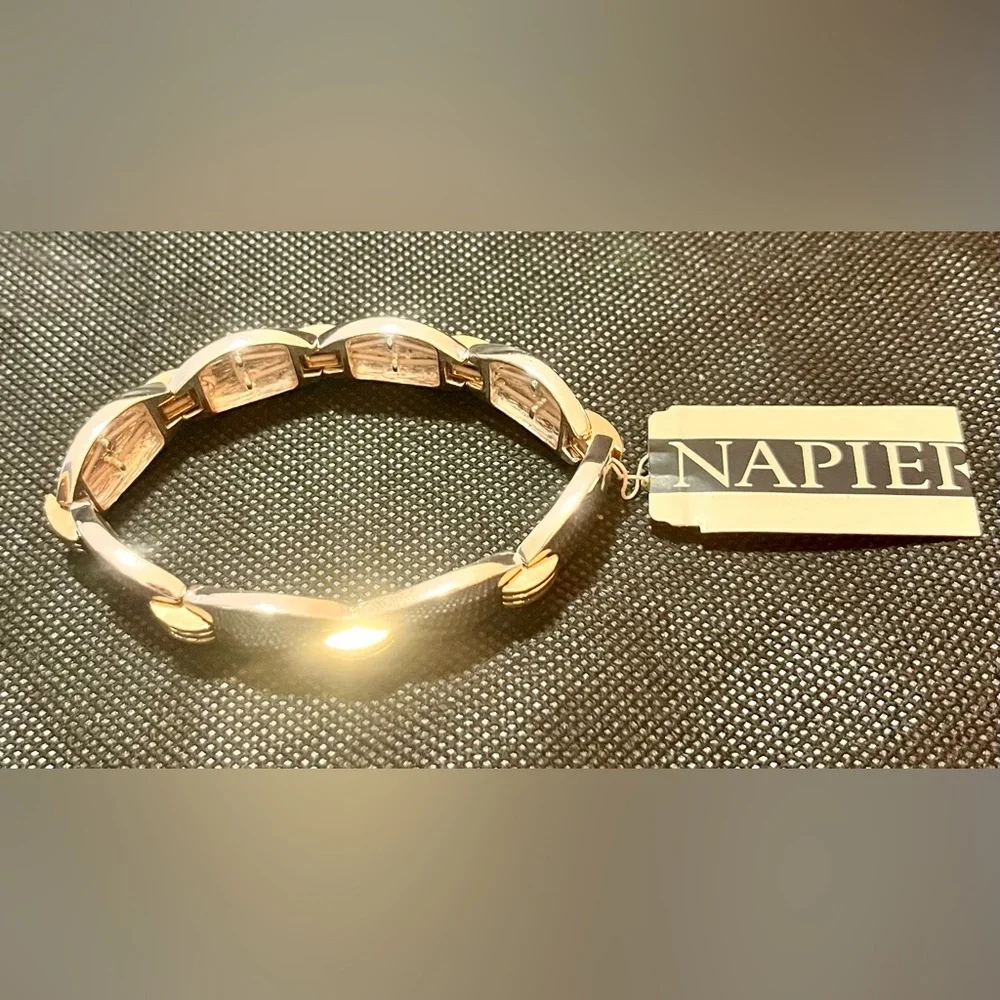 NWT Napier Two Tone Gold Silver Stretch Panel Link Bracelet Vintage Retro 80s